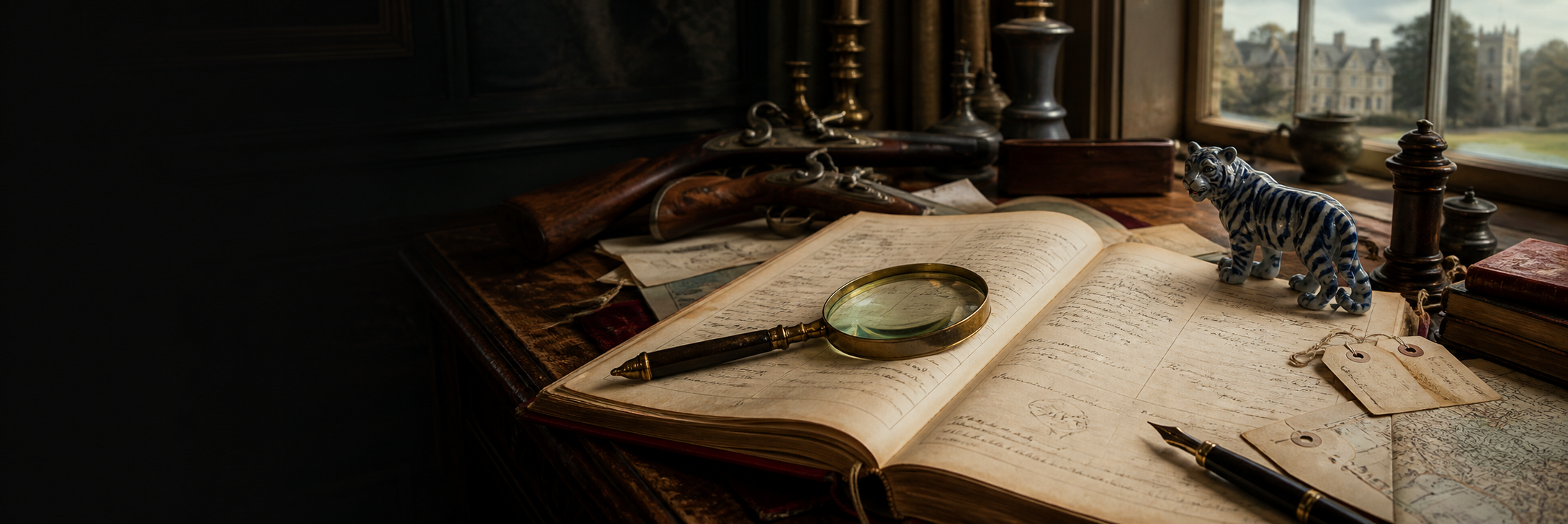 Antiques research desk with an open ledger, magnifying glass, porcelain tiger, auction tags and historic country house beyond a window